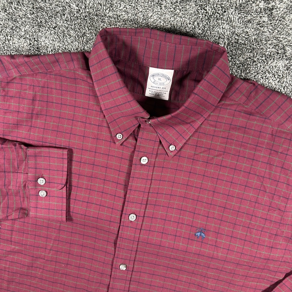Brooks Brothers Shirt Mens XL Regent Fit Burgundy Check Non-Iron Stretch Cotton